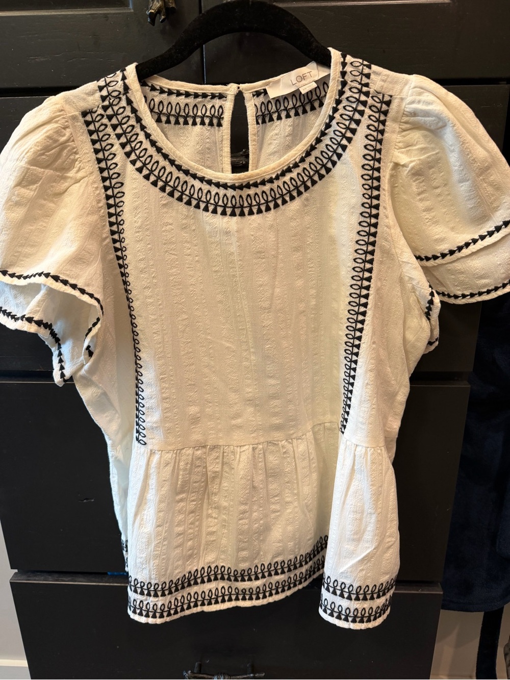 LOFT White Peplum Blouse with Black Embroidery